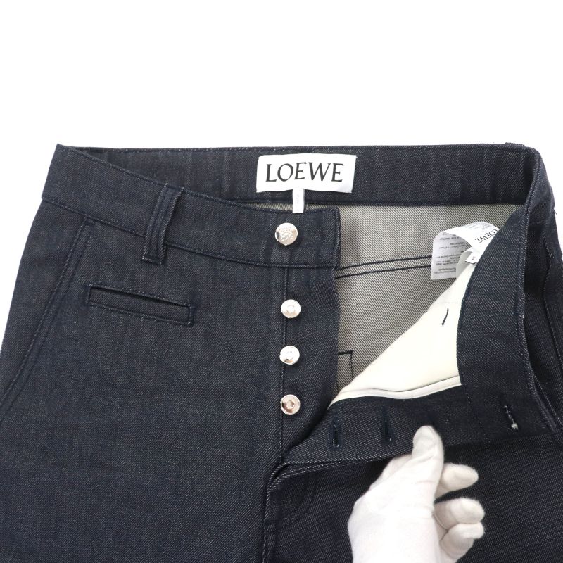 LOEWE S2292112ib 100% Cotton Fisherman Stonewashed Button Fly Leather Denim