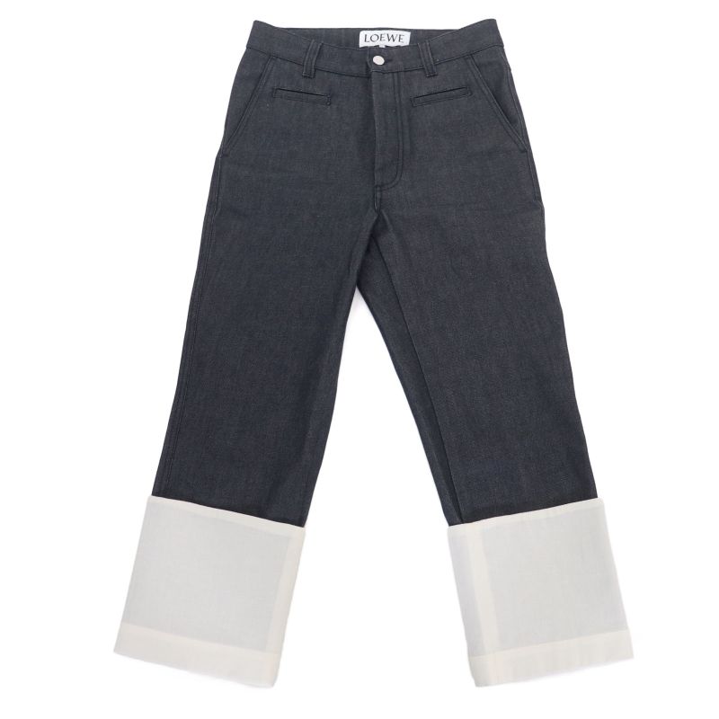 LOEWE S2292112ib 100% Cotton Fisherman Stonewashed Button Fly Leather Denim