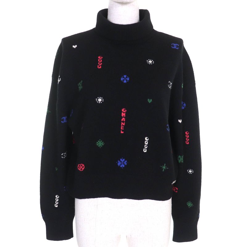 CHANEL 21N P70647 100% Cashmere Logo Plate Coco Mark High Neck Long Sleeve Knit