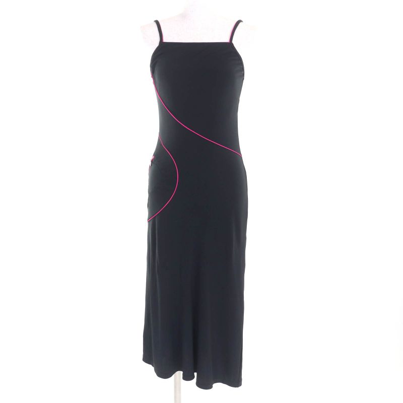 CHANEL Vintage 00T P15291 Logo Zip Long Length Cami Dress Black Pink 38 Made In