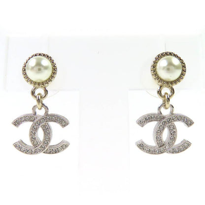 CHANEL B24K Coco Mark Pearl Rhinestone Earrings For Both Ears Silver Made In