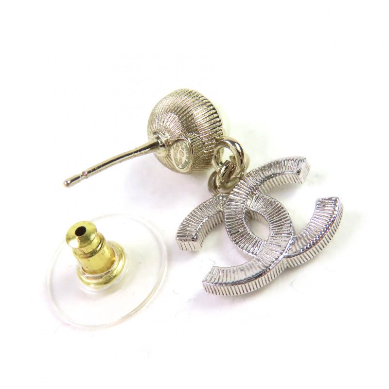 CHANEL B24K Coco Mark Pearl Rhinestone Earrings For Both Ears Silver Made In