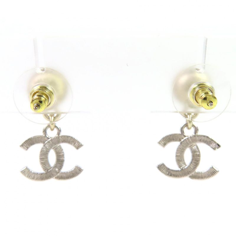 CHANEL B24K Coco Mark Pearl Rhinestone Earrings For Both Ears Silver Made In