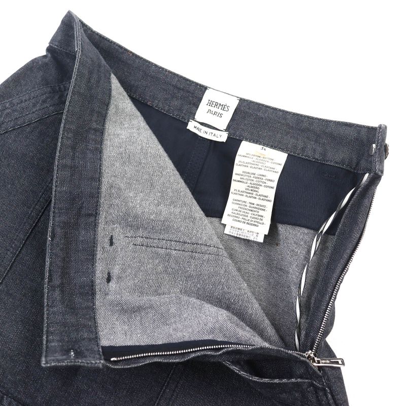 Hermes 22SS 2e0350dq Cotton Serie Button Logo Leather Patch Denim Miniskirt