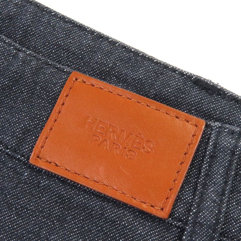 Hermes 22SS 2e0350dq Cotton Serie Button Logo Leather Patch Denim Miniskirt