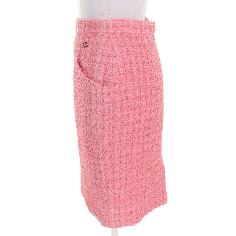 CHANEL P63188 Coco Mark One Point Tight Skirt Tweed Skirt Pink Gold 36 Made In
