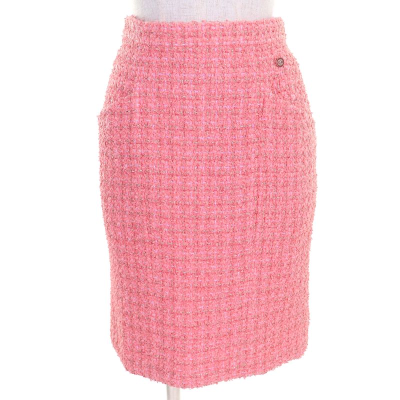 CHANEL P63188 Coco Mark One Point Tight Skirt Tweed Skirt Pink Gold 36 Made In