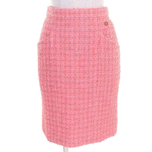 CHANEL P63188 Coco Mark One Point Tight Skirt Tweed Skirt Pink Gold 36 Made In