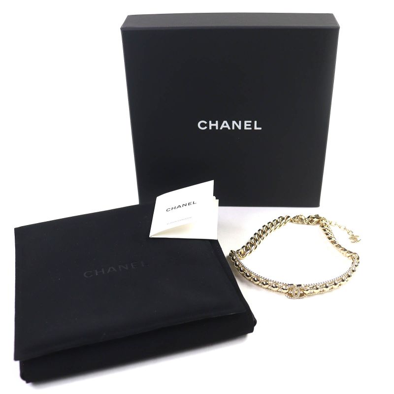 CHANEL Ab7791 L22C Coco Mark Rhinestone Strass Choker Necklace Gold With Box