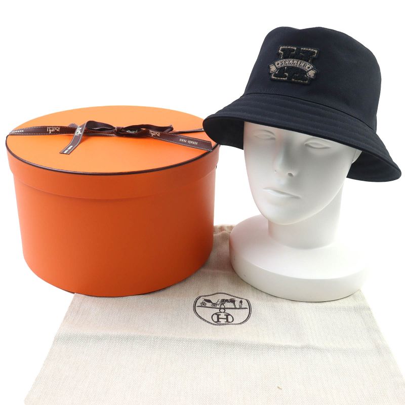 Hermes Harper H Cellier 100% Cotton Bucket Hat Black 57 Hat With Box And