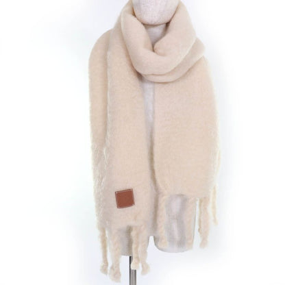 LOEWE Mohair Wool Anagram Leather Large Shawl Scarf With Patch Fringe Ivory