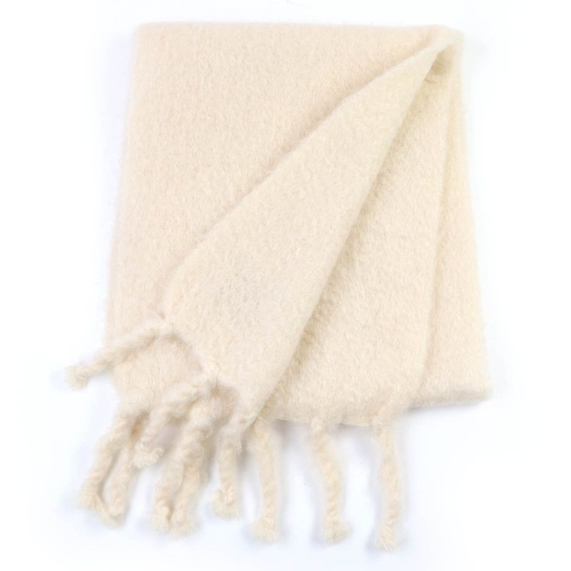 LOEWE Mohair Wool Anagram Leather Large Shawl Scarf With Patch Fringe Ivory