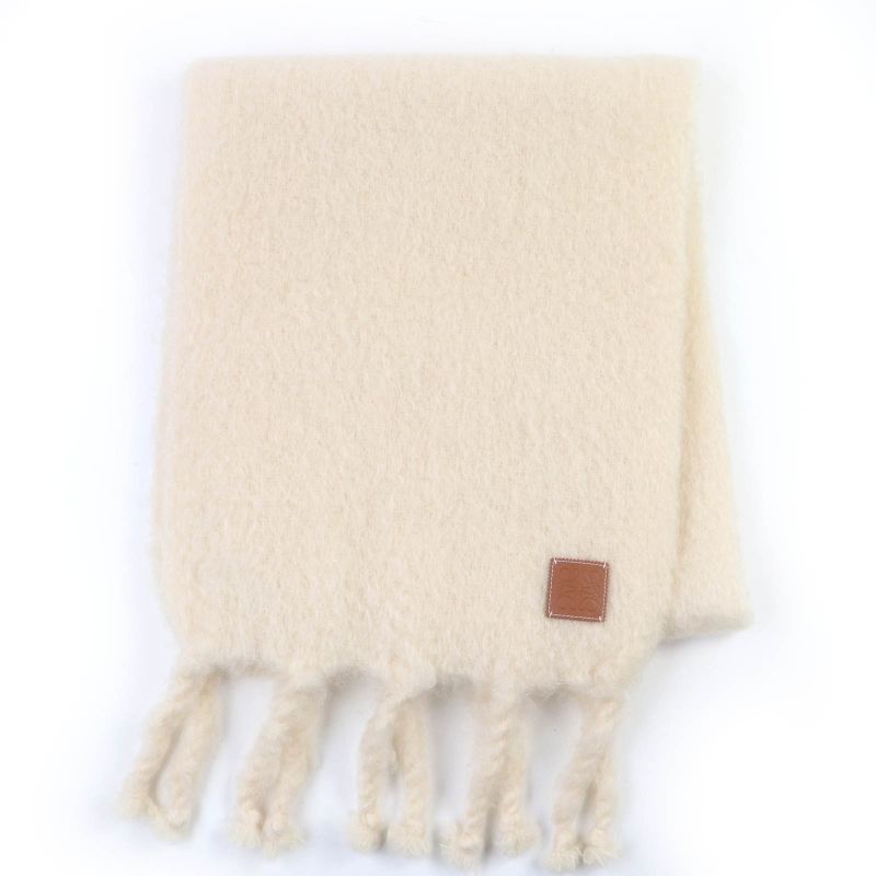 LOEWE Mohair Wool Anagram Leather Large Shawl Scarf With Patch Fringe Ivory