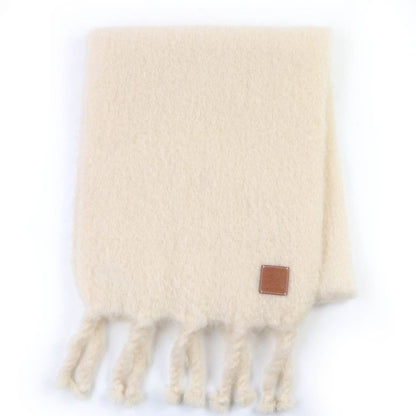 LOEWE Mohair Wool Anagram Leather Large Shawl Scarf With Patch Fringe Ivory