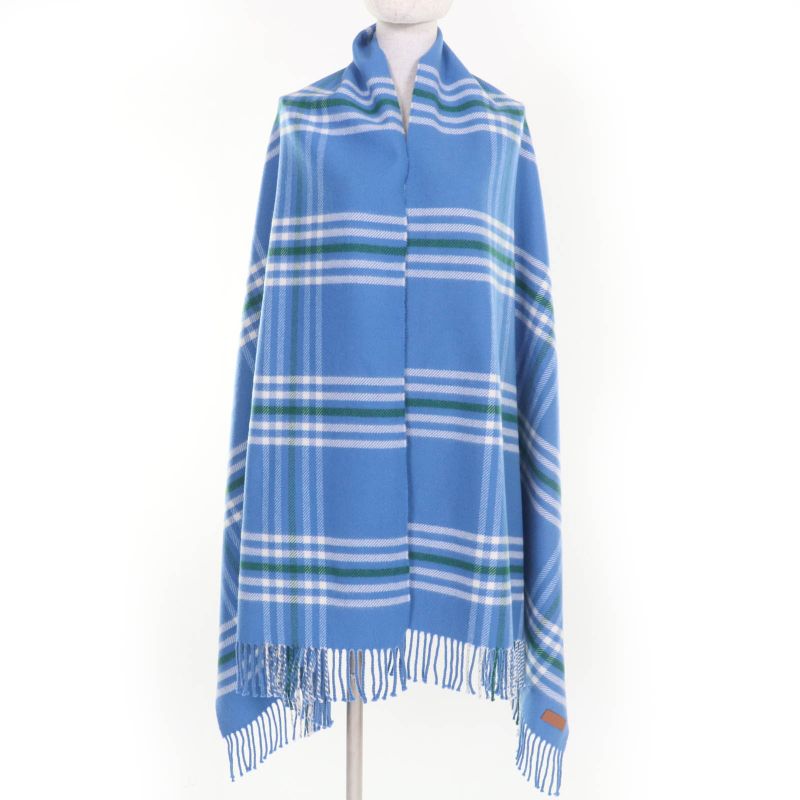 Hermes 100% Cashmere Checkered Logo Leather Patch Fringed Large Scarf Shawl