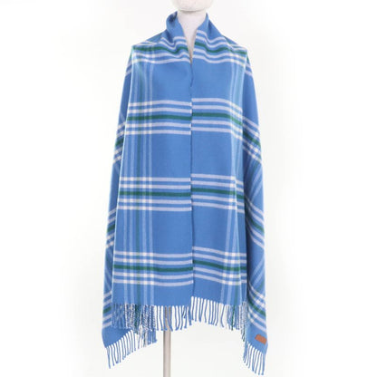 Hermes 100% Cashmere Checkered Logo Leather Patch Fringed Large Scarf Shawl