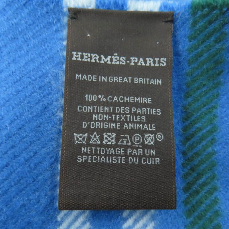 Hermes 100% Cashmere Checkered Logo Leather Patch Fringed Large Scarf Shawl