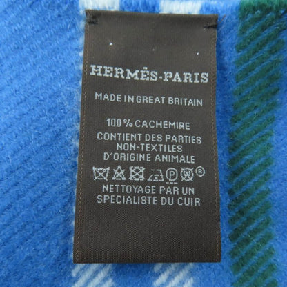Hermes 100% Cashmere Checkered Logo Leather Patch Fringed Large Scarf Shawl