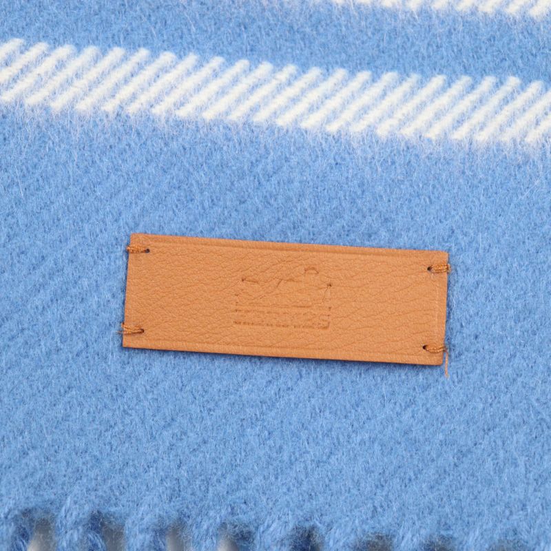 Hermes 100% Cashmere Checkered Logo Leather Patch Fringed Large Scarf Shawl