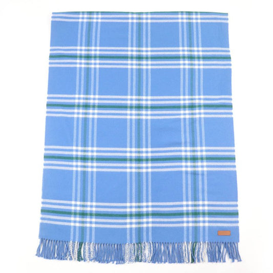 Hermes 100% Cashmere Checkered Logo Leather Patch Fringed Large Scarf Shawl