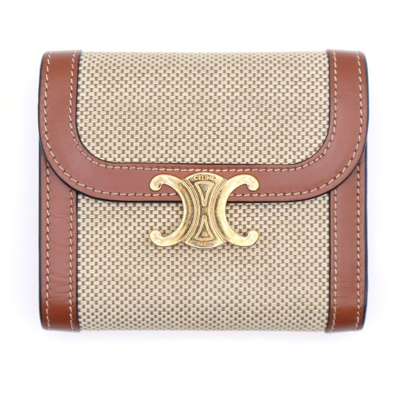 Celine Triomphe Compact Wallet Trifold Coin Case Brown And Beige Leather And