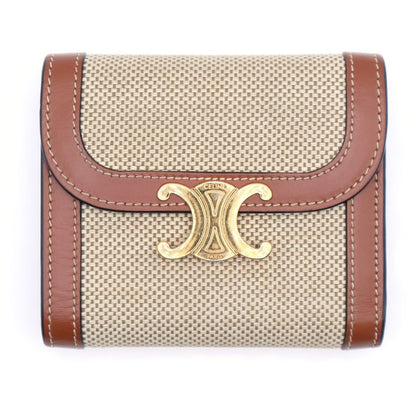 Celine Triomphe Compact Wallet Trifold Coin Case Brown And Beige Leather And
