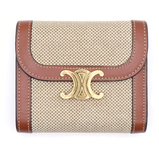 Celine Triomphe Compact Wallet Trifold Coin Case Brown And Beige Leather And