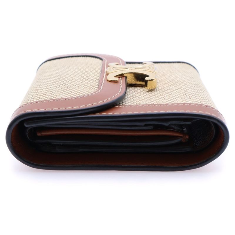 Celine Triomphe Compact Wallet Trifold Coin Case Brown And Beige Leather And