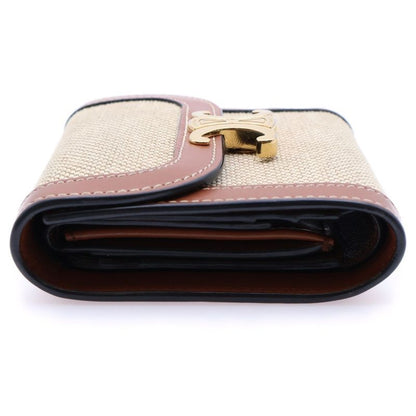 Celine Triomphe Compact Wallet Trifold Coin Case Brown And Beige Leather And
