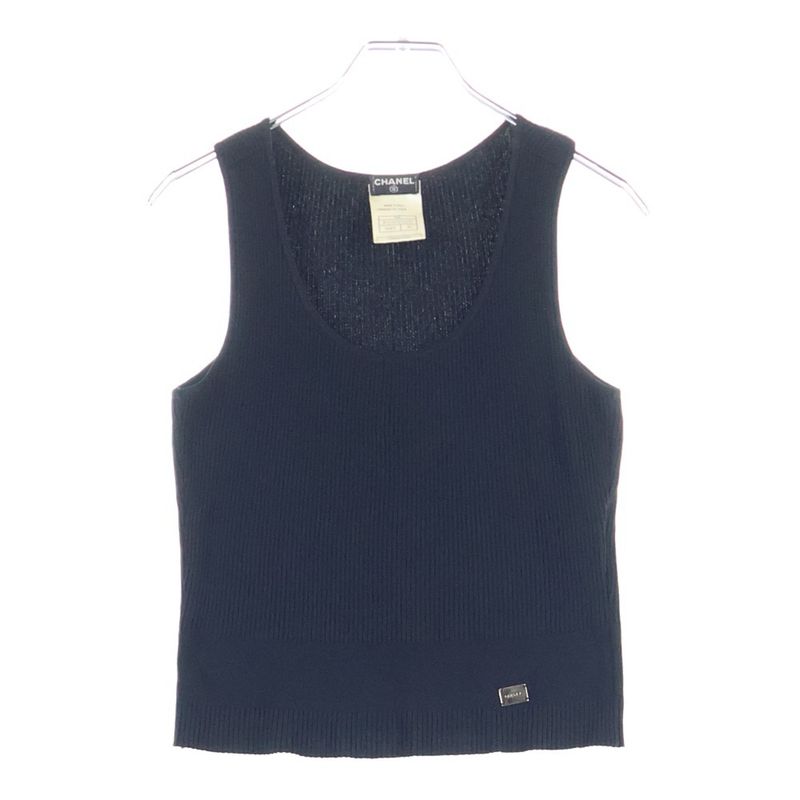 Chanel 02P Spring Collection Metal Logo Plate Rayon Ribbed Knit Sleeveless Tank