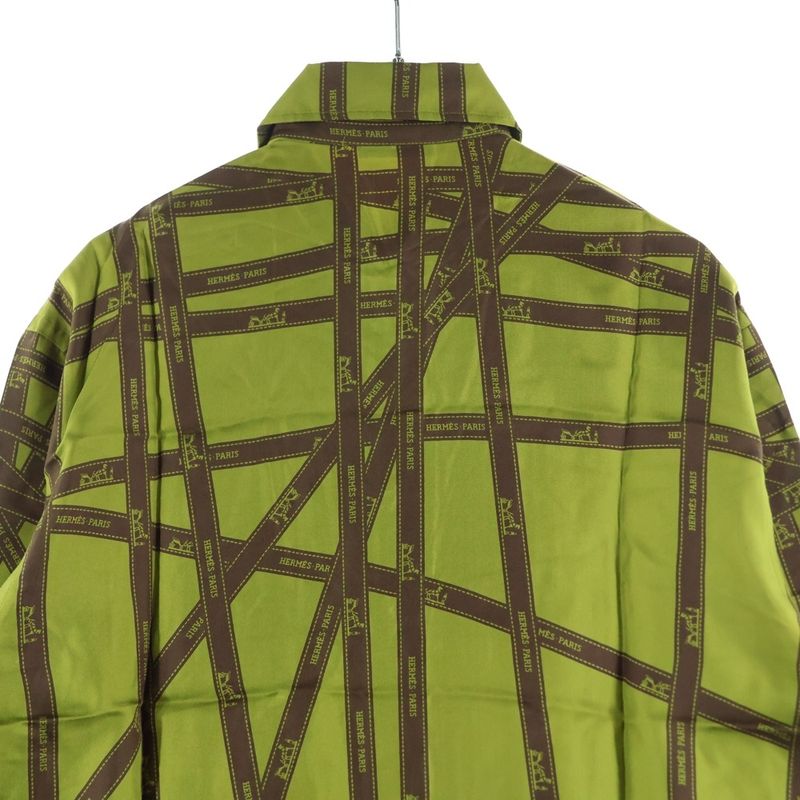 Hermes Ribbon All Over Logo Print Silk Serie Button Long Sleeve Shirt Green