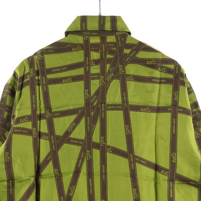 Hermes Ribbon All Over Logo Print Silk Serie Button Long Sleeve Shirt Green