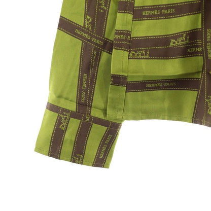 Hermes Ribbon All Over Logo Print Silk Serie Button Long Sleeve Shirt Green