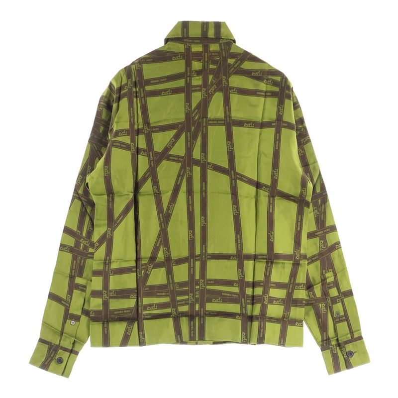 Hermes Ribbon All Over Logo Print Silk Serie Button Long Sleeve Shirt Green