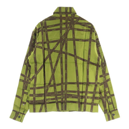 Hermes Ribbon All Over Logo Print Silk Serie Button Long Sleeve Shirt Green