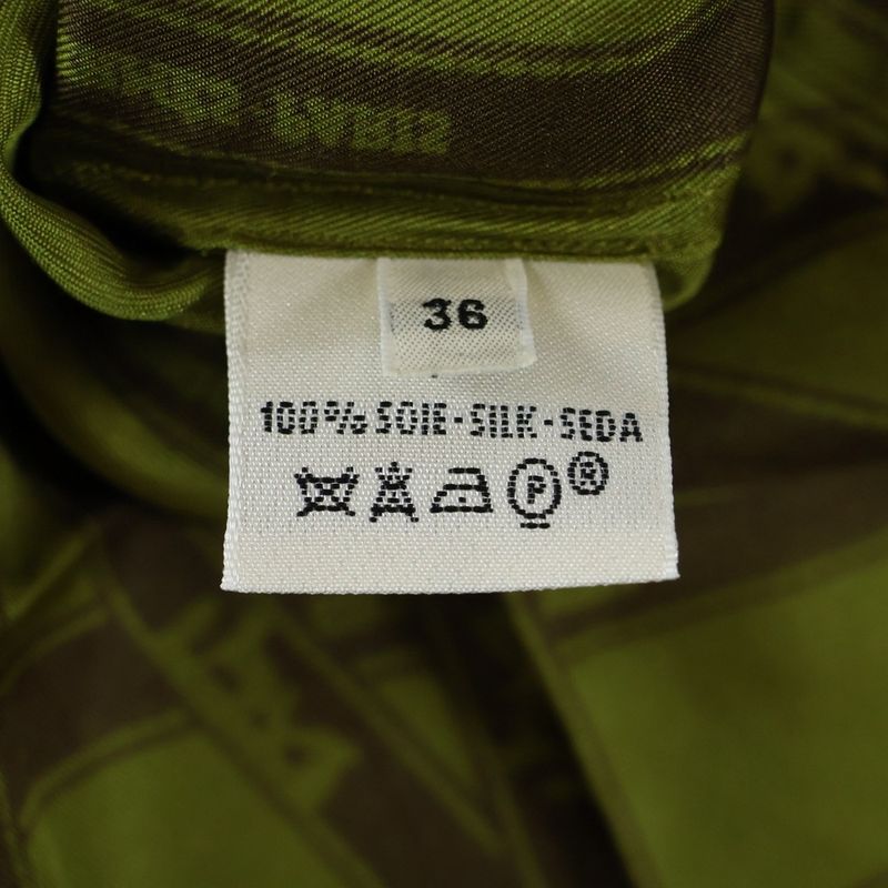Hermes Ribbon All Over Logo Print Silk Serie Button Long Sleeve Shirt Green