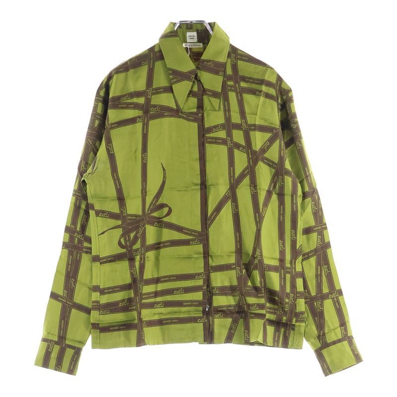 Hermes Ribbon All Over Logo Print Silk Serie Button Long Sleeve Shirt Green