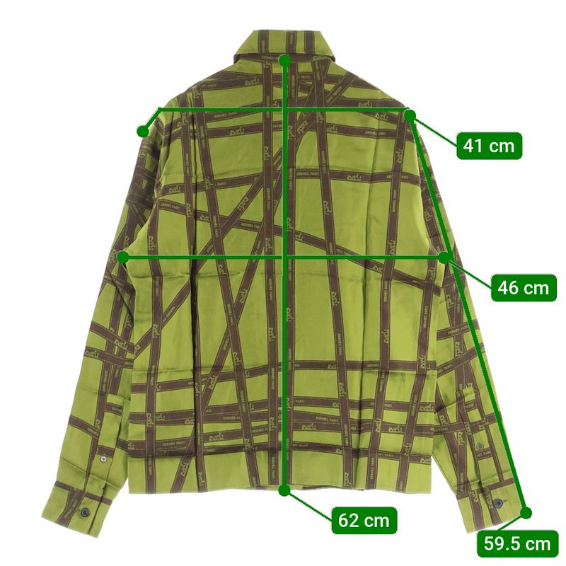 Hermes Ribbon All Over Logo Print Silk Serie Button Long Sleeve Shirt Green