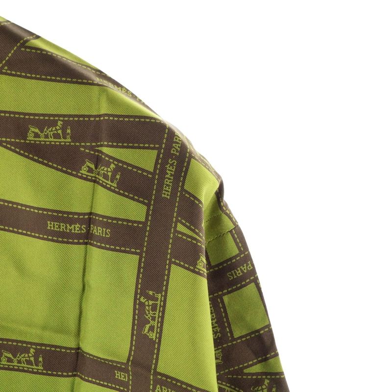 Hermes Ribbon All Over Logo Print Silk Serie Button Long Sleeve Shirt Green