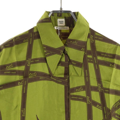 Hermes Ribbon All Over Logo Print Silk Serie Button Long Sleeve Shirt Green
