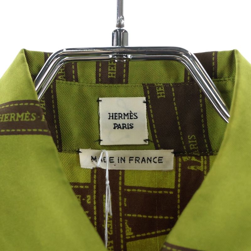 Hermes Ribbon All Over Logo Print Silk Serie Button Long Sleeve Shirt Green