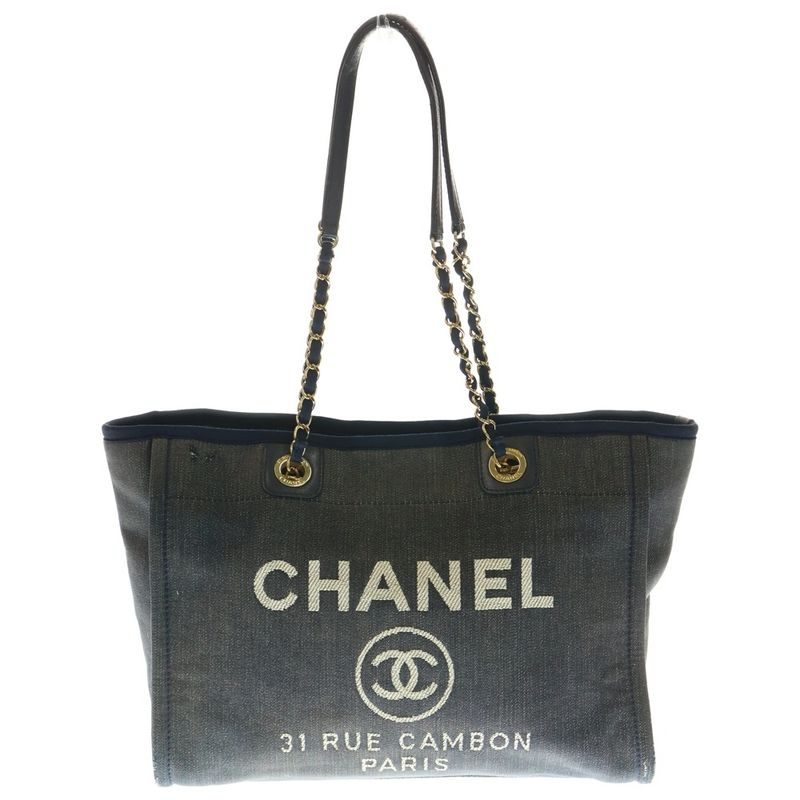 Chanel Deauville GM Coco Mark Logo Canvas Leather Chain Hand Shoulder Tote Bag