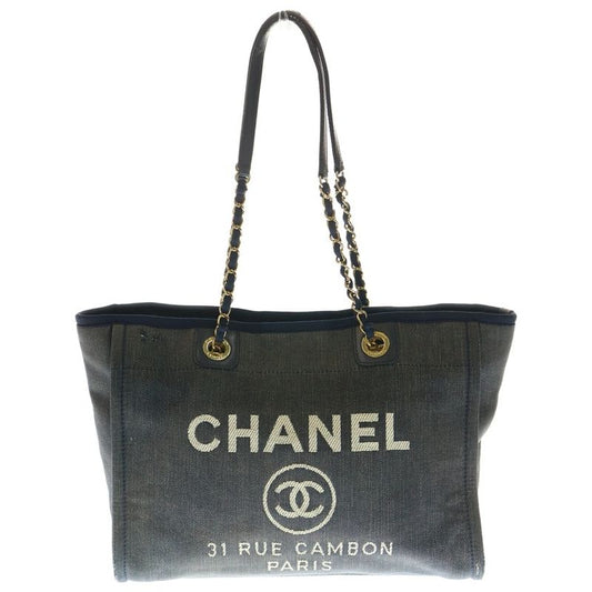 Chanel Deauville GM Coco Mark Logo Canvas Leather Chain Hand Shoulder Tote Bag