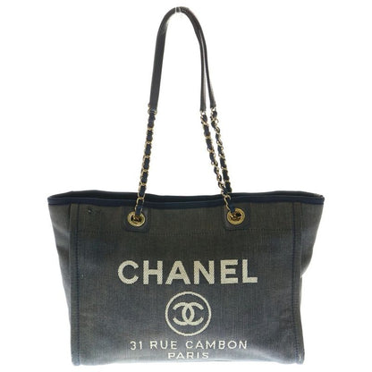 Chanel Deauville GM Coco Mark Logo Canvas Leather Chain Hand Shoulder Tote Bag