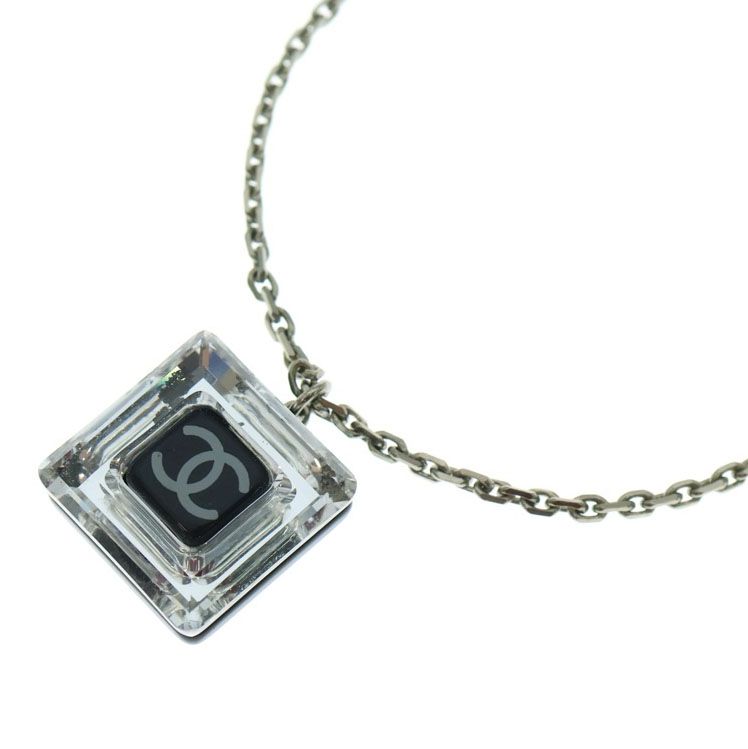 Chanel Square Design Coco Mark Necklace Pendant Chain Silver And Black
