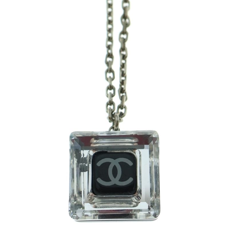 Chanel Square Design Coco Mark Necklace Pendant Chain Silver And Black
