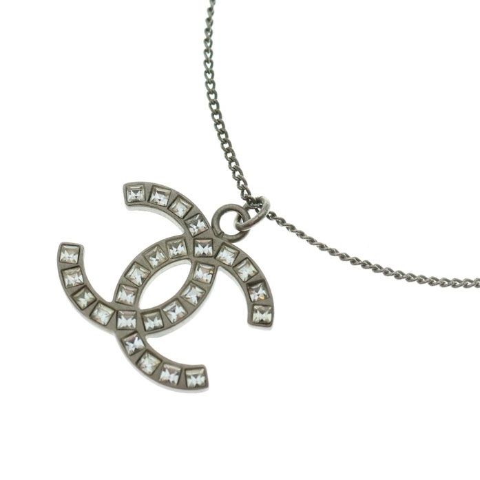 Chanel Coco Rhinestone Necklace Pendant Chain Silver