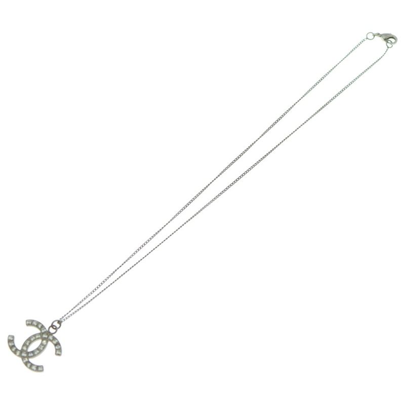 Chanel Coco Rhinestone Necklace Pendant Chain Silver