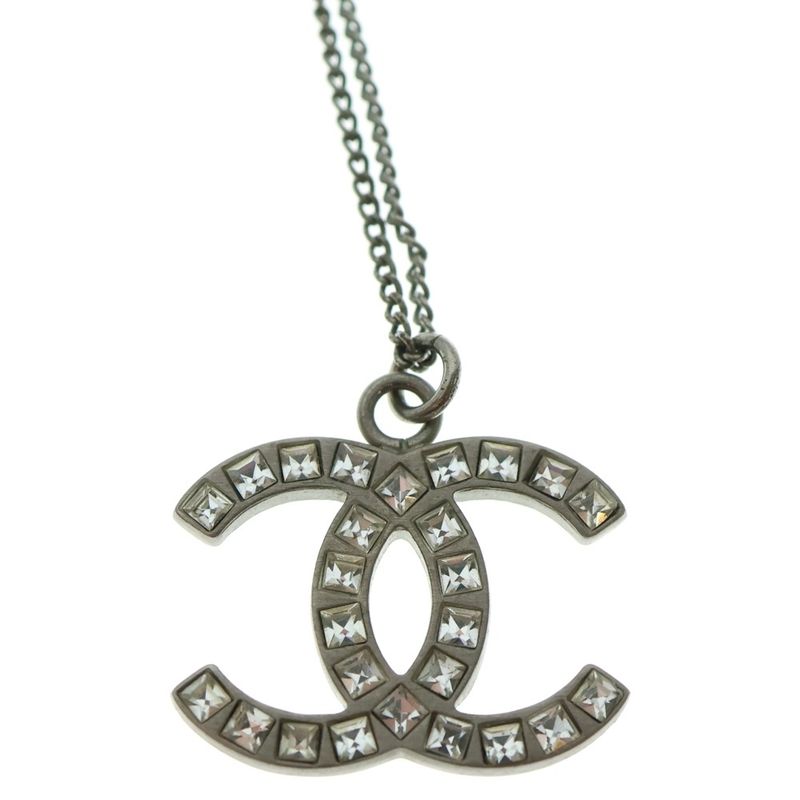 Chanel Coco Rhinestone Necklace Pendant Chain Silver