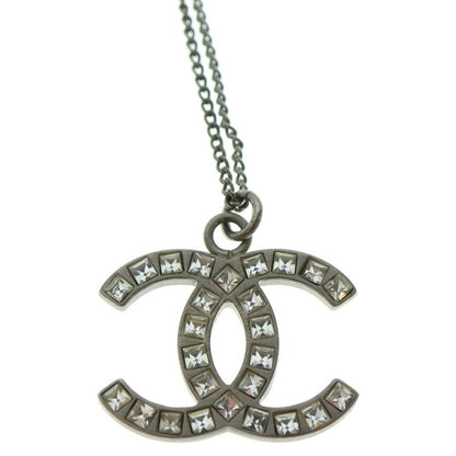 Chanel Coco Rhinestone Necklace Pendant Chain Silver